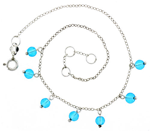 Sterling Silver Anklet Natural Stone Blue Topaz Beads, adjustable 9 - 10 inch