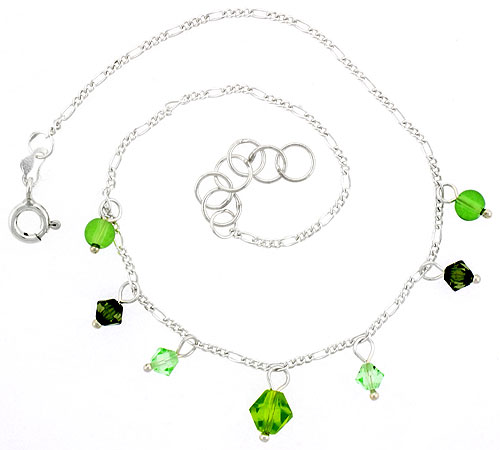 Sterling Silver Anklet Natural Stone Peridot Beads Green Bicone Crystals, adjustable 9 - 10 inch