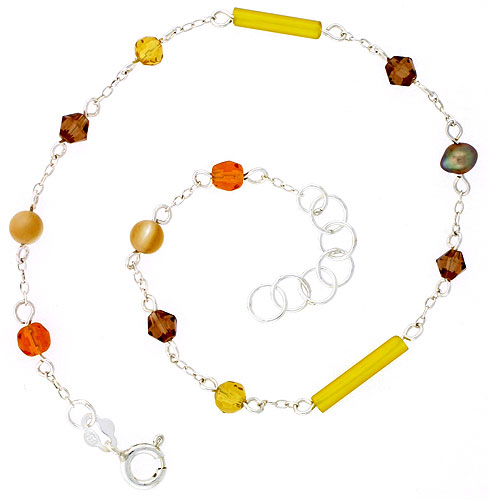Sterling Silver Anklet Natural Gold Pearl Citrine Beads Bicone Crystals, adjustable 9 - 10 inch