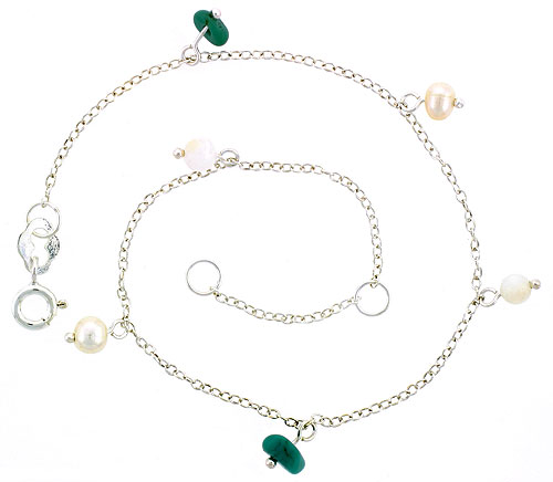 Sterling Silver Anklet Natural Stone Turquoise & Pearls, adjustable 9 - 10 inch