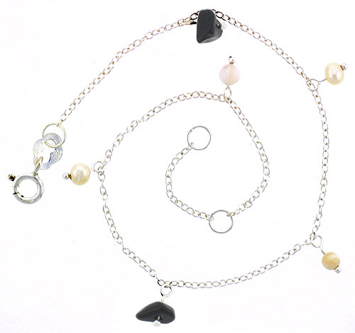 Sterling Silver Anklet Natural Stone Onyx Nuggets &amp; Pearls, adjustable 9 - 10 inch