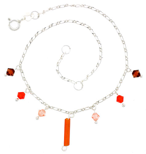 Sterling Silver Anklet Natural Carnelian & Orange and Pink Bicone Crystals, adjustable 9 - 10 inch