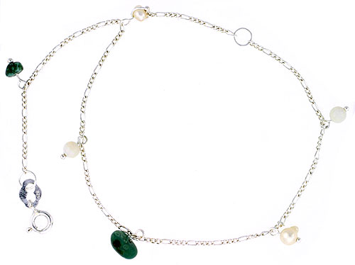 Sterling Silver Anklet Natural Turquoise Nuggets & Pearls, adjustable 9 - 10 inch
