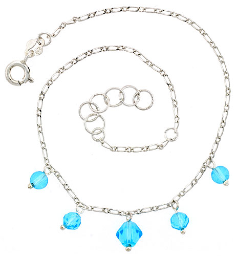 Sterling Silver Anklet Natural Blue Topaz Beads Bicone Crystal, adjustable 9 - 10 inch