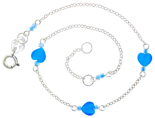 Sterling Silver Anklet Natural Blue Topaz Heart Beads, adjustable 9 - 10 inch