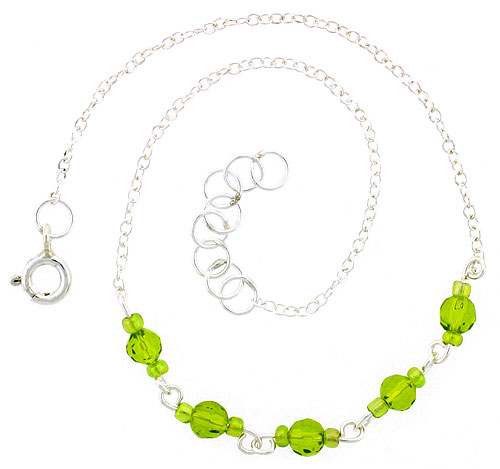 Sterling Silver Anklet Natural Faceted Peridot and Glass Seed Beads, adjustable 9 - 10 inch