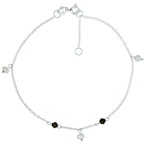 Sterling Silver Anklet Natural Brown Bicone Crystals &amp; Pearls, adjustable 9 - 10 inch