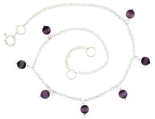 Sterling Silver Anklet Natural Amethyst Beads, adjustable 9 - 10 inch