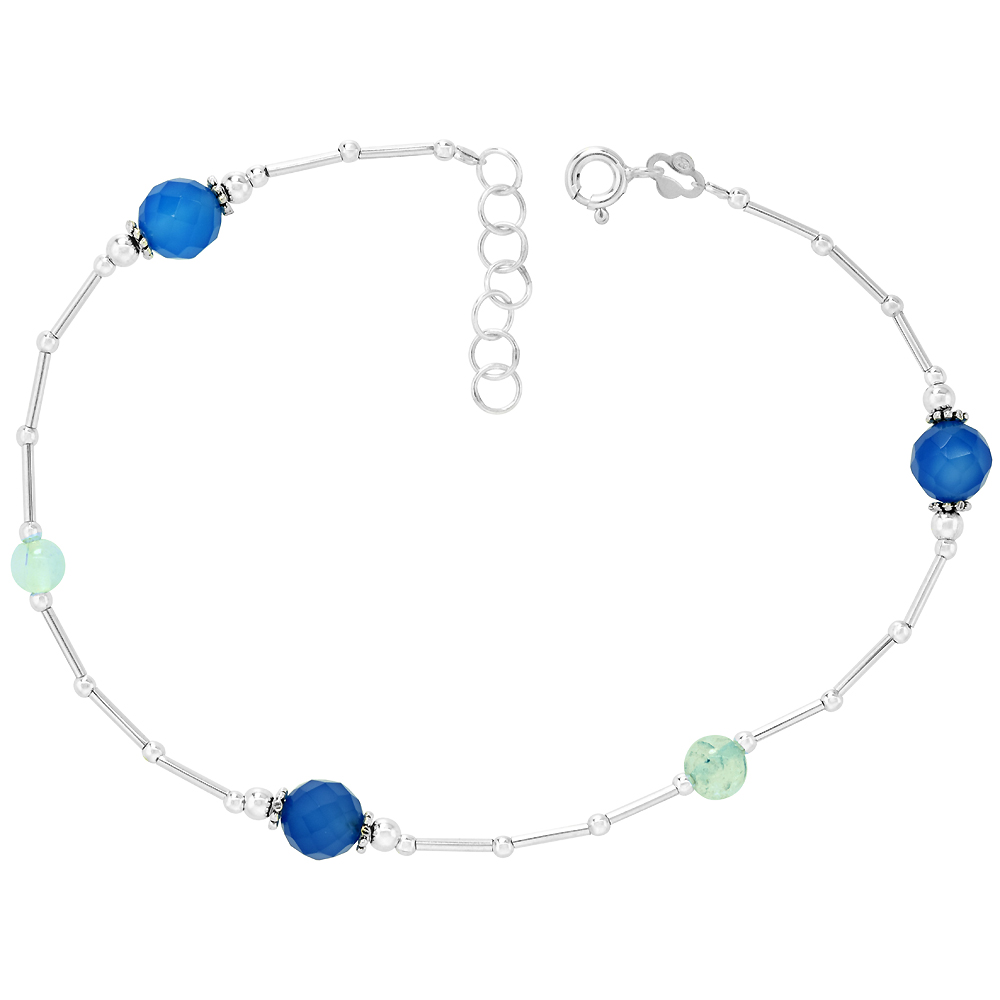 Sterling Silver Anklet Natural Faceted Aquamarine Blue Topaz Beads, adjustable 9 - 10 inch