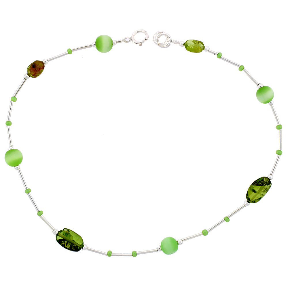 Sterling Silver Anklet Natural Peridot Stone Nuggets Green Cateye Beads, adjustable 9 - 10 inch
