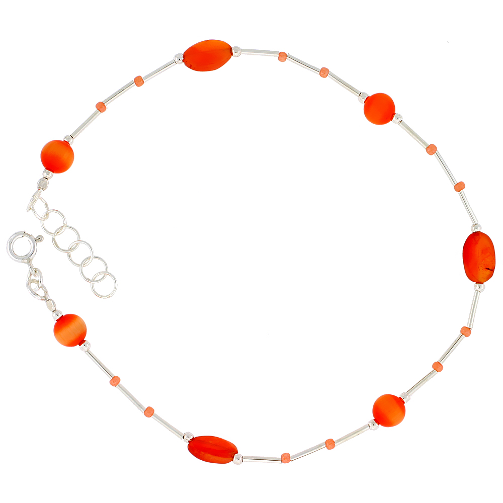 Sterling Silver Anklet Natural Carnelian Stones Orange Catseye &amp; Glass Seed Beads, adjustable 9 - 10 inch
