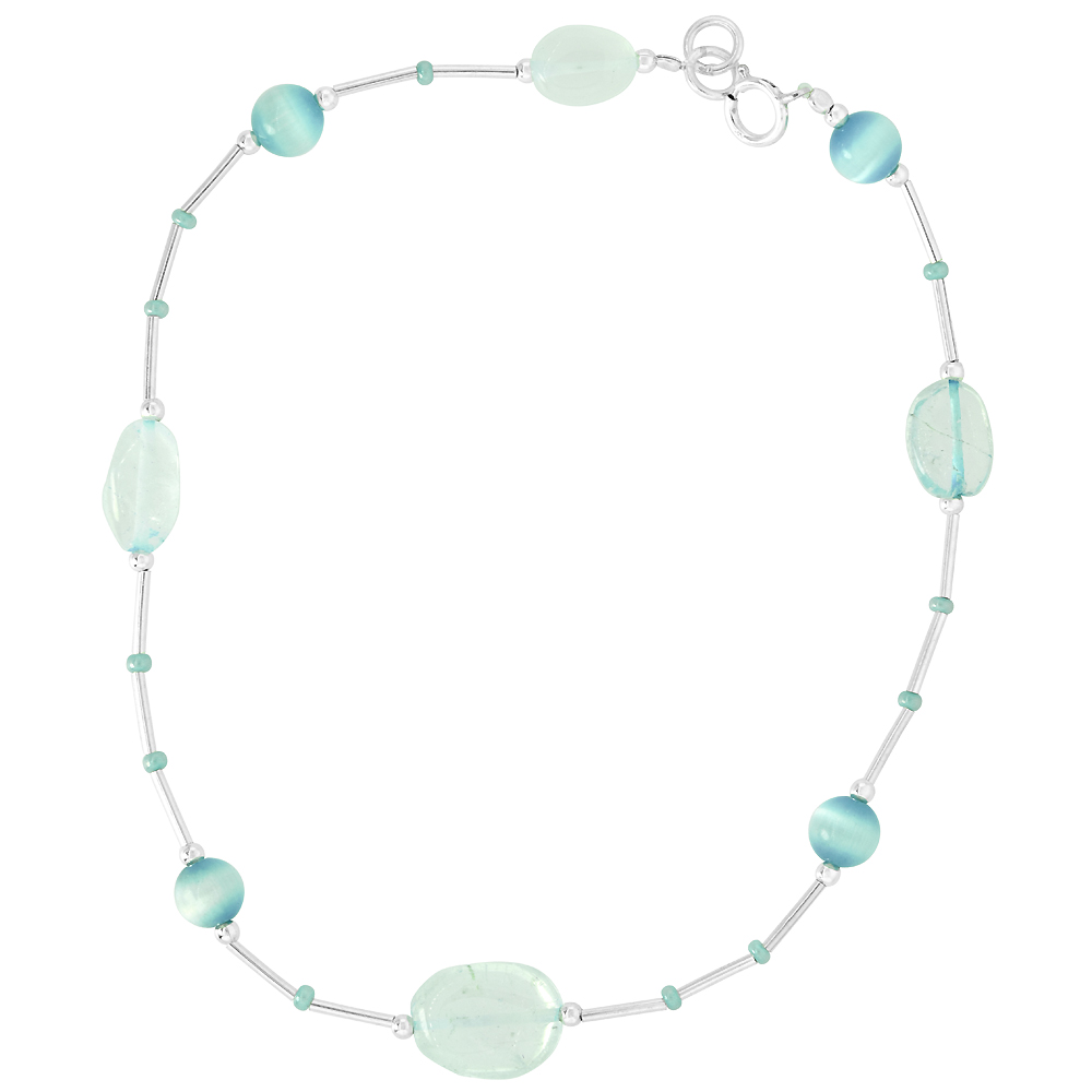 Sterling Silver Anklet Natural Aquamarine Blue Cateye & Glass Seed Beads, adjustable 9 - 10 inch