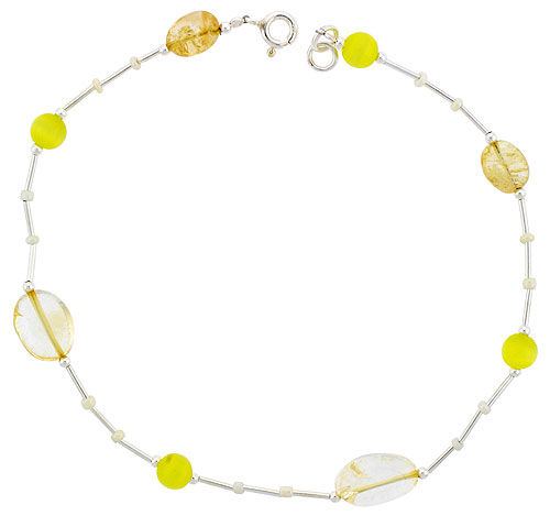 Sterling Silver Anklet Natural Citrine Stones Lemon Catseye &amp; Glass Seed Beads, adjustable 9 - 10 inch