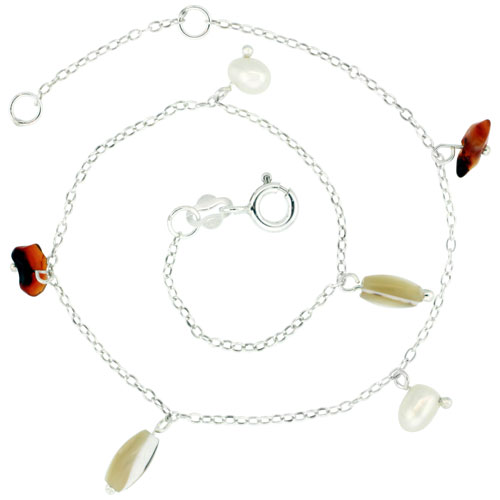 Sterling Silver Anklet Natural Carnelian Nuggets Pearls Mother-of-Pearl, adjustable 9 - 10 inch