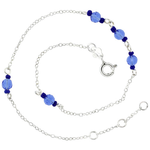 Sterling Silver Anklet Natural Faceted Blue Topaz & Glass Seed Beads, adjustable 9 - 10 inch