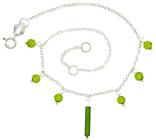 Sterling Silver Anklet Natural Stone Peridot Beads, adjustable 9 - 10 inch