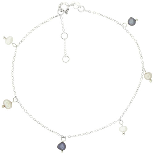 Sterling Silver Anklet Cultured White & Gray Pearls, adjustable 9 - 10 inch