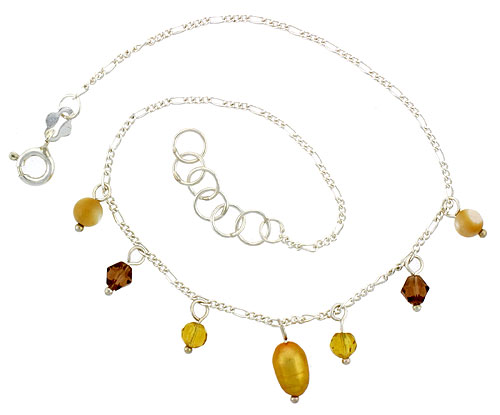 Sterling Silver Anklet Natural Citrine Beads Gold Pearl Brown Bicone Crystals, adjustable 9 - 10 inch