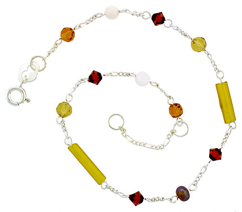 Sterling Silver Anklet Natural Citrine Beads Brown Pearls Orange Bicone Crystals, adjustable 9 - 10 inch