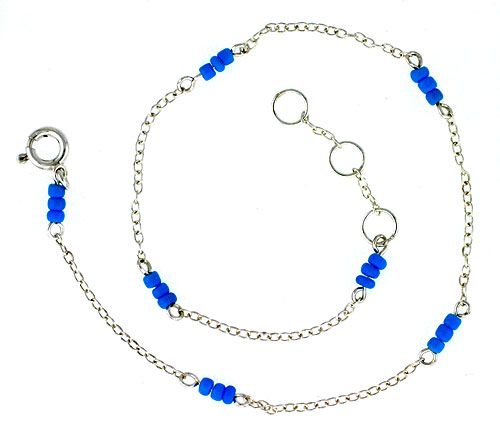 Sterling Silver Anklet Turquoise Glass Seed Beads, adjustable 9 - 10 inch