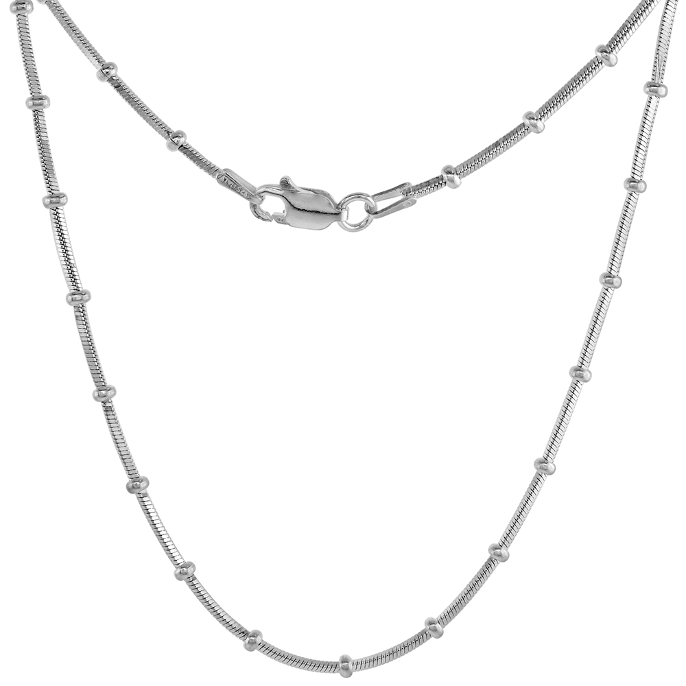 Sterling Silver 1mm Square Snake Chain Station Necklaces &amp; Bracelets for Women 2mm Beads Nickel Free Italy sizes 7-30 inch