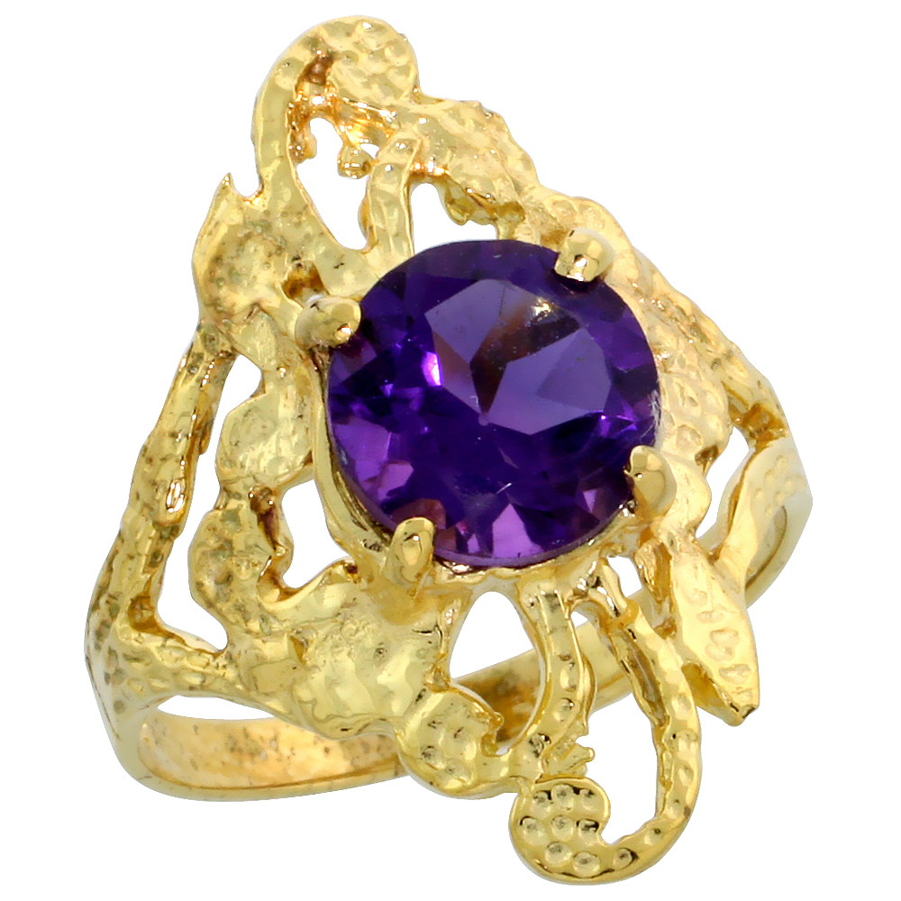 10k Gold Diamond-shaped Floral Stone Ring, w/ 1.75 Carats (8mm) Round Brilliant Cut Amethyst Stone, 7/8 in. (22mm) wide