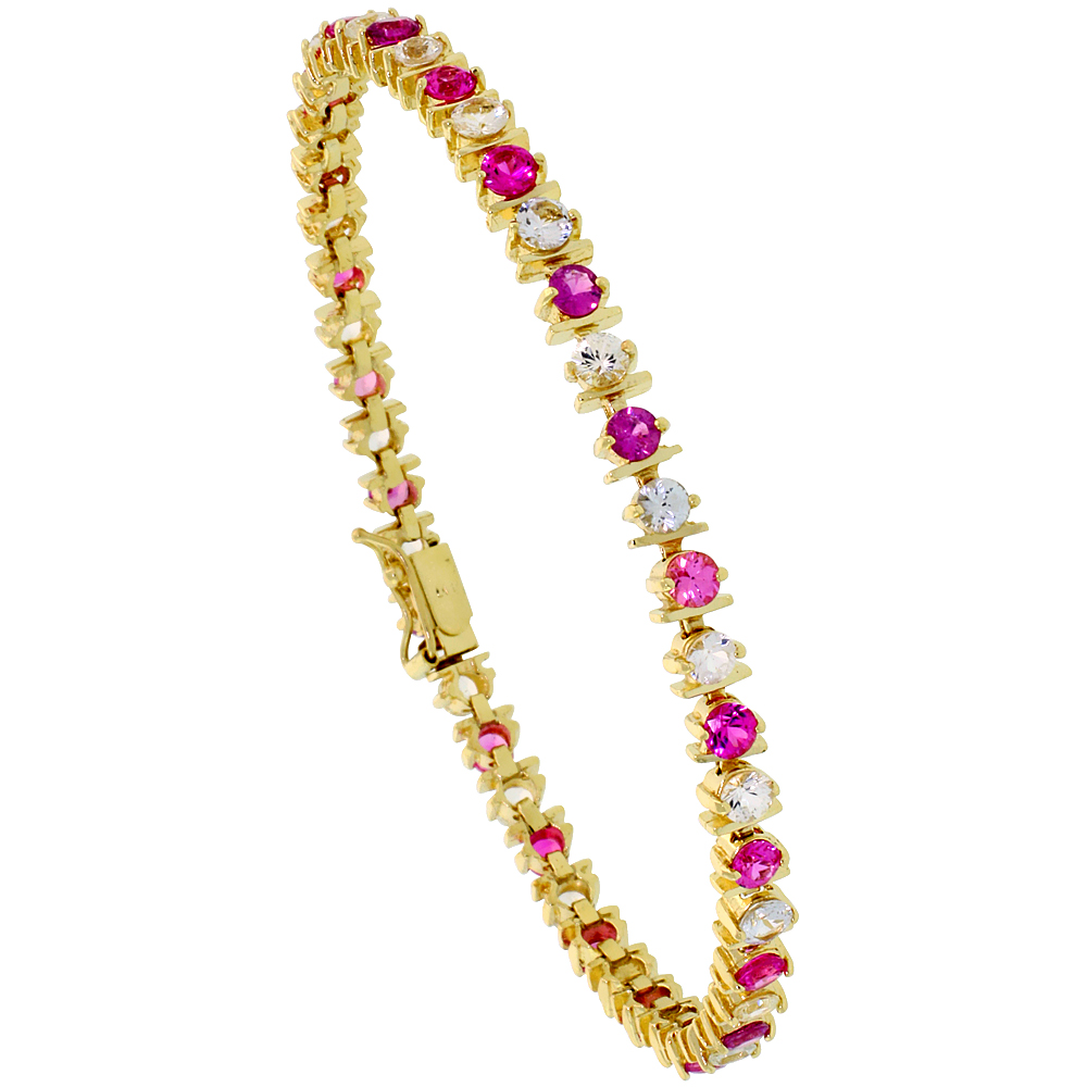 10k Gold 6.00 Carat size 7 in. Tennis Bracelet w/ 3mm Brilliant Cut Pink &amp; White Sapphire Stones, 3/16 in. (4.5mm) wide