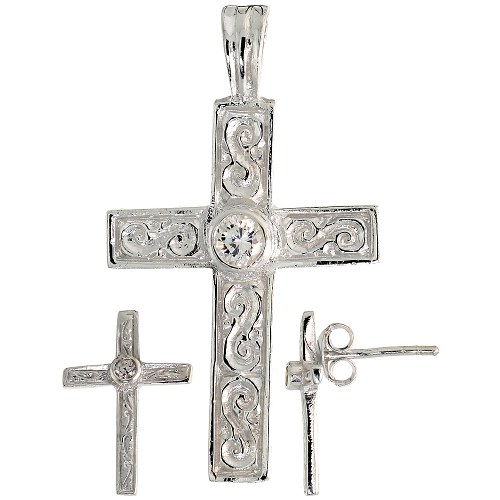 Sterling Silver Brilliant Cut White CZ Latin Cross Stud Earrings and Pendant set for women Swirl-design