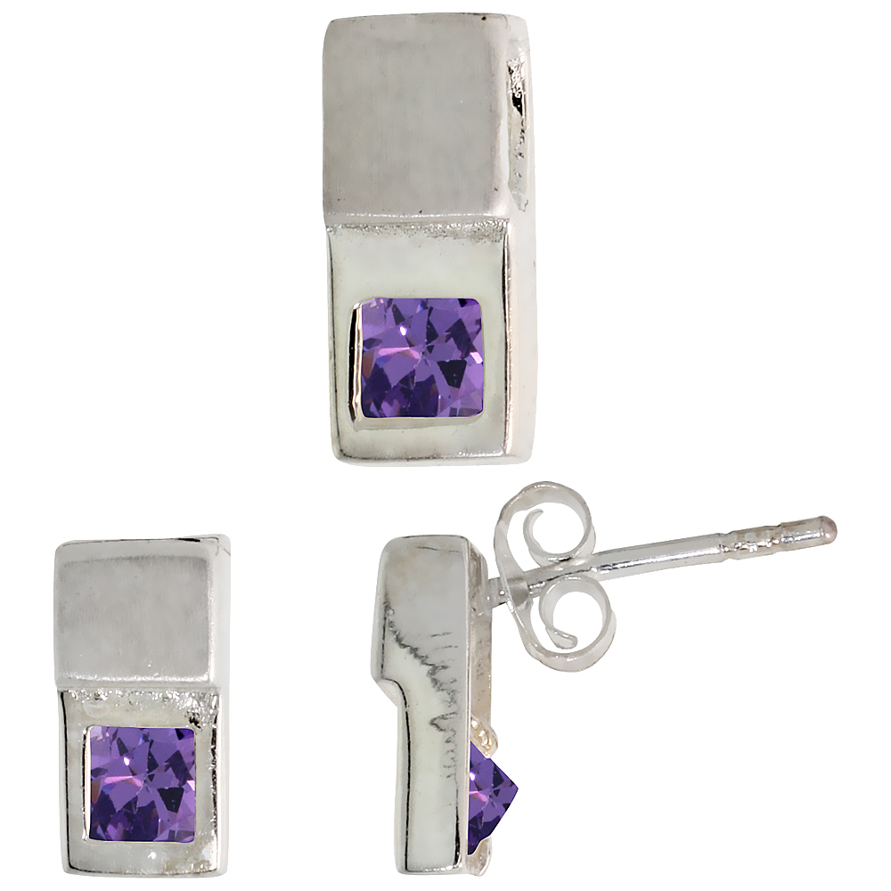 Sterling Silver Princess Cut Blue Sapphire CZ Recessed Rectangle Stud Earrings &amp; Pendant Set Brushed