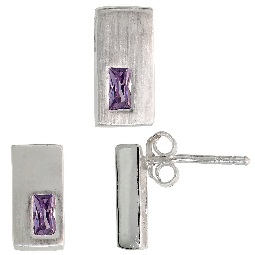 Sterling Silver Radiant Cut Amethyst Purple CZ Rectangular Stud Earrings & Pendant Set Brushed finish