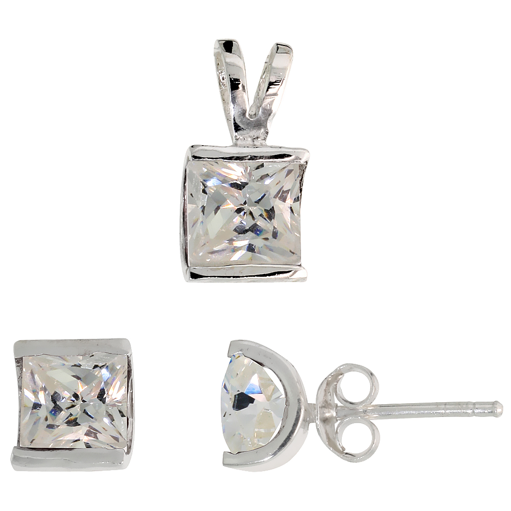 Sterling Silver Princess Cut White CZ Square Stud Earrings and Pendant set for women Channel set for women
