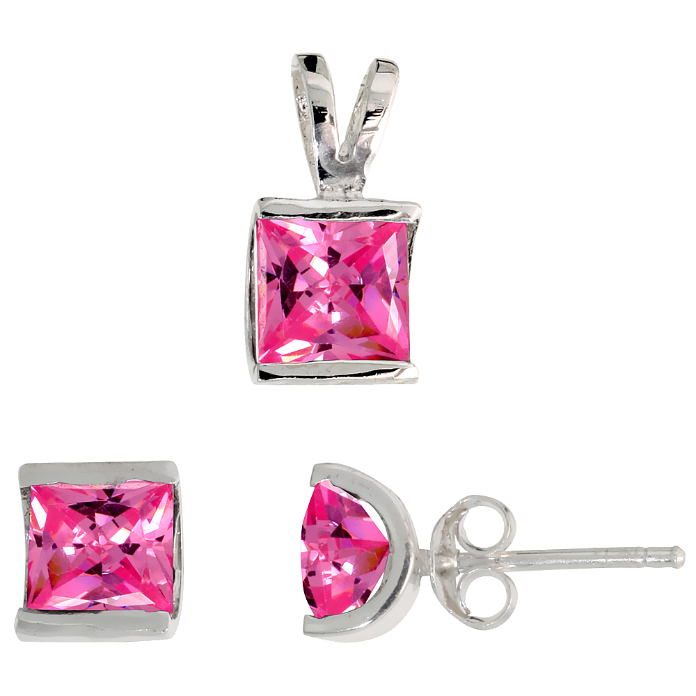 Sterling Silver Princess Cut Pink CZ Square Stud Earrings and Pendant set for women Channel set for women