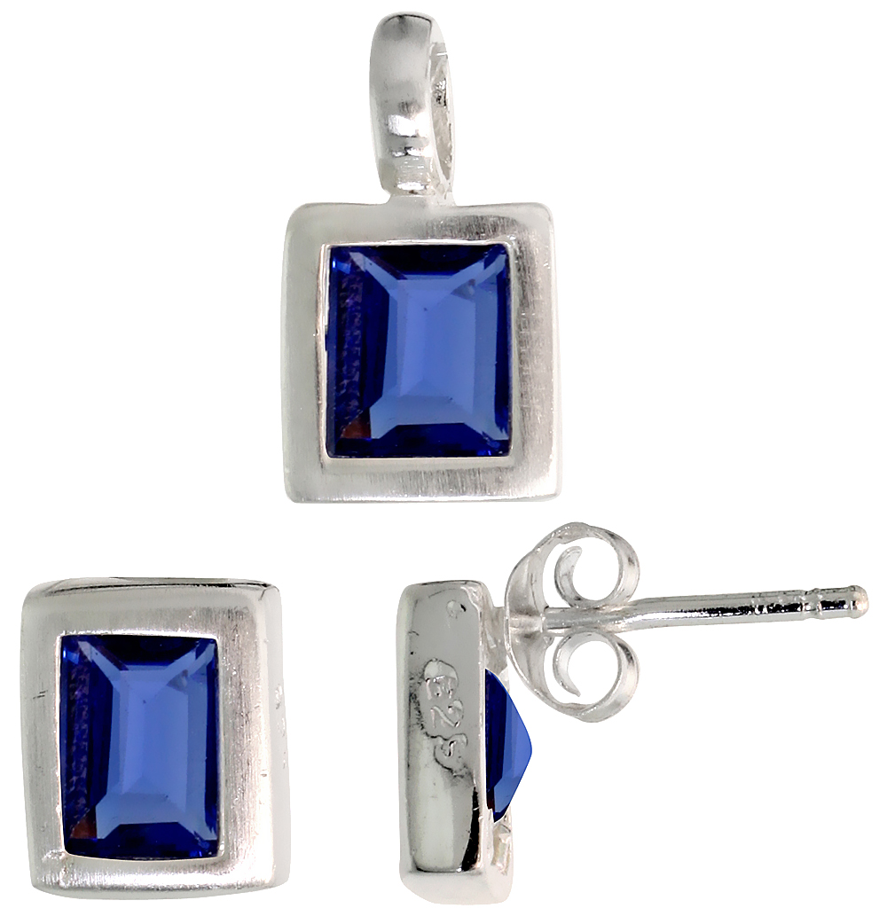 Sterling Silver Radiant Cut Blue Sapphire CZ Rectangular Stud Earrings and Pendant Set Brushed finish