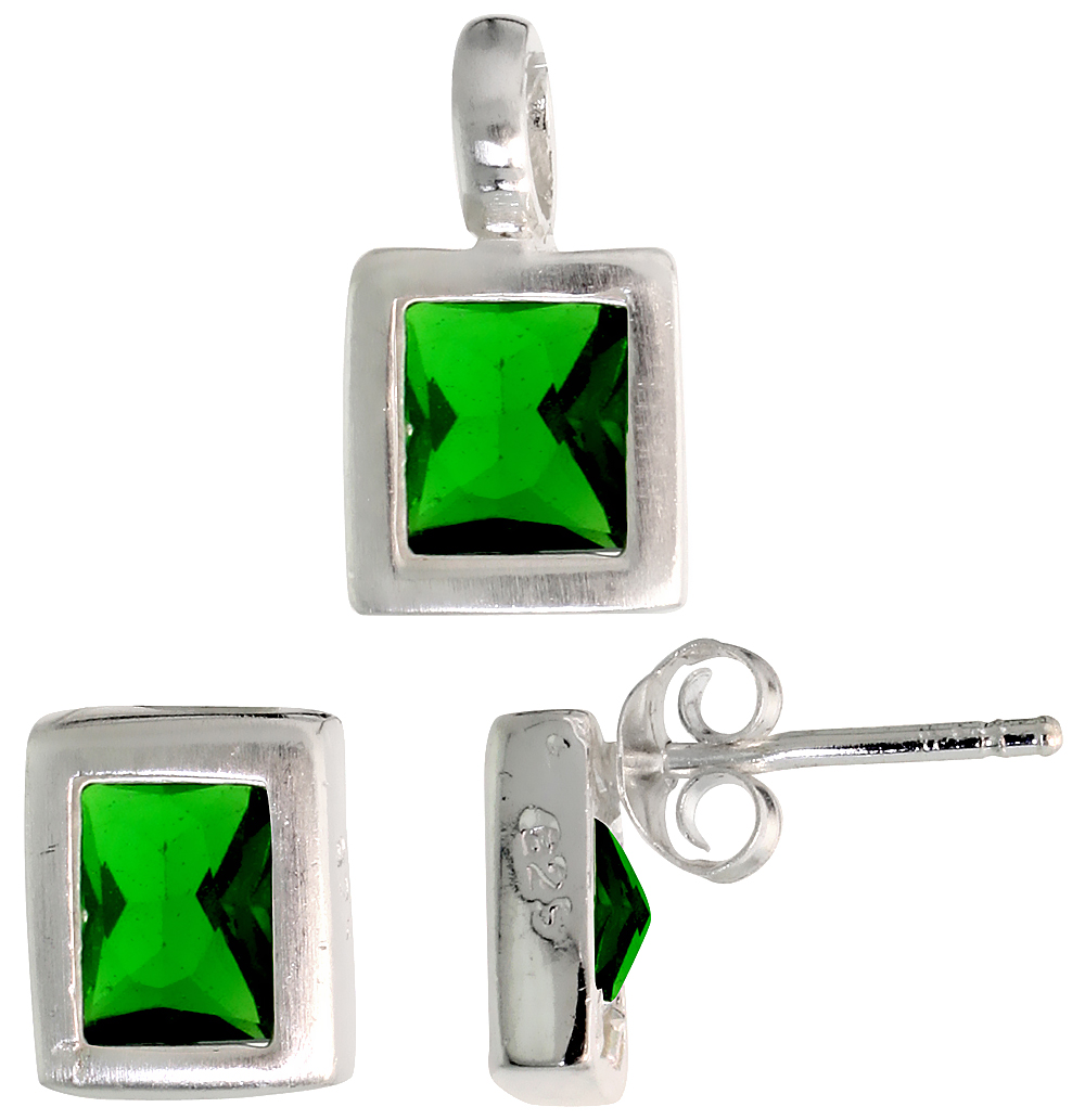 Sterling Silver Radiant Cut Emerald Green CZ Rectangular Stud Earrings and Pendant Set Brushed finish