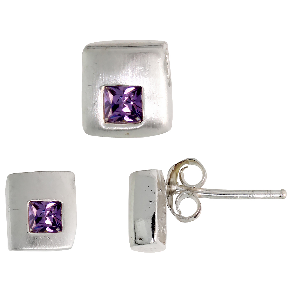 Sterling Silver Princess Cut Amethyst Purple CZ Square Stud Earrings & Pendant Set Brushed finish