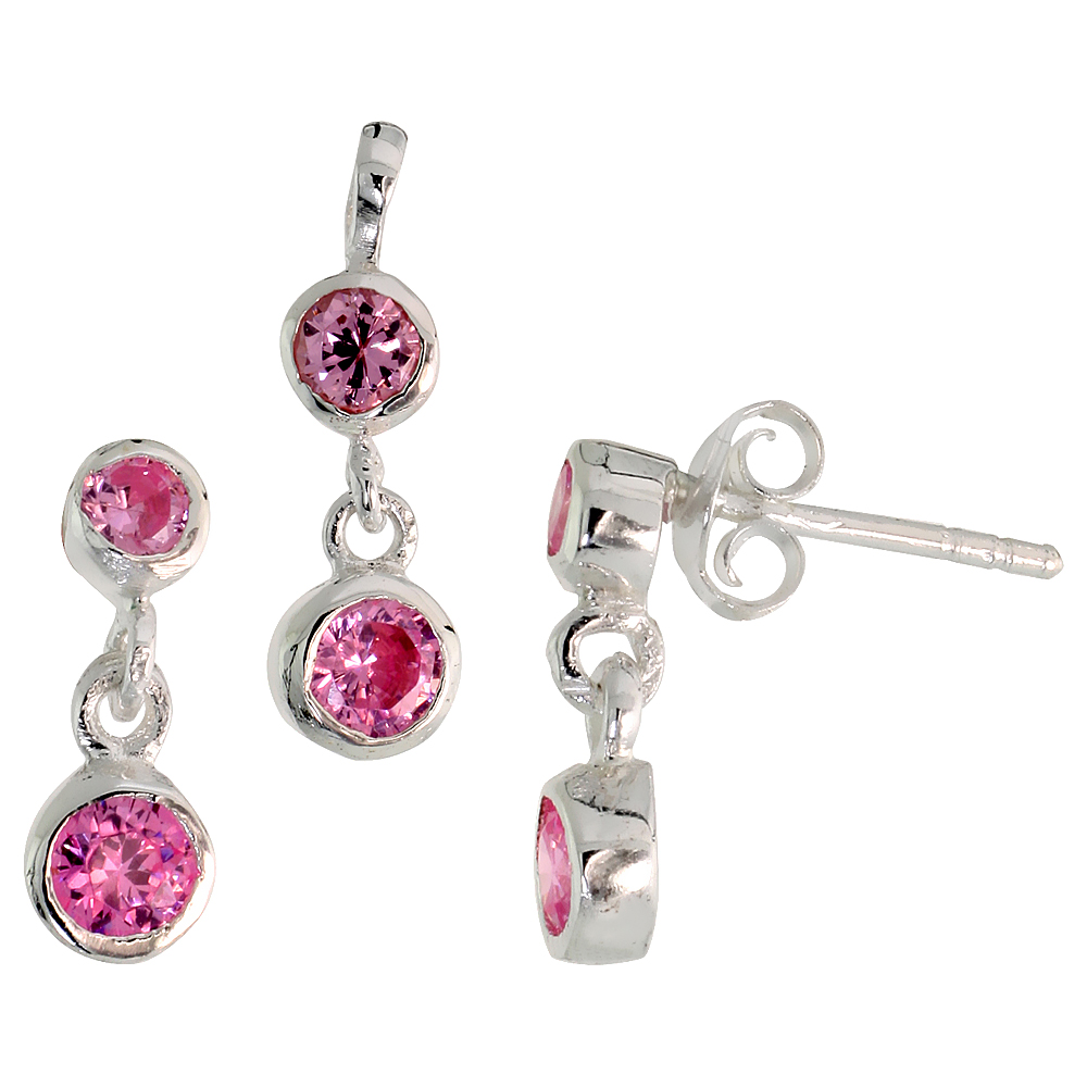 Sterling Silver Brilliant Cut Pink CZ 2-Tier Dangle Post Earrings and Pendant set for women