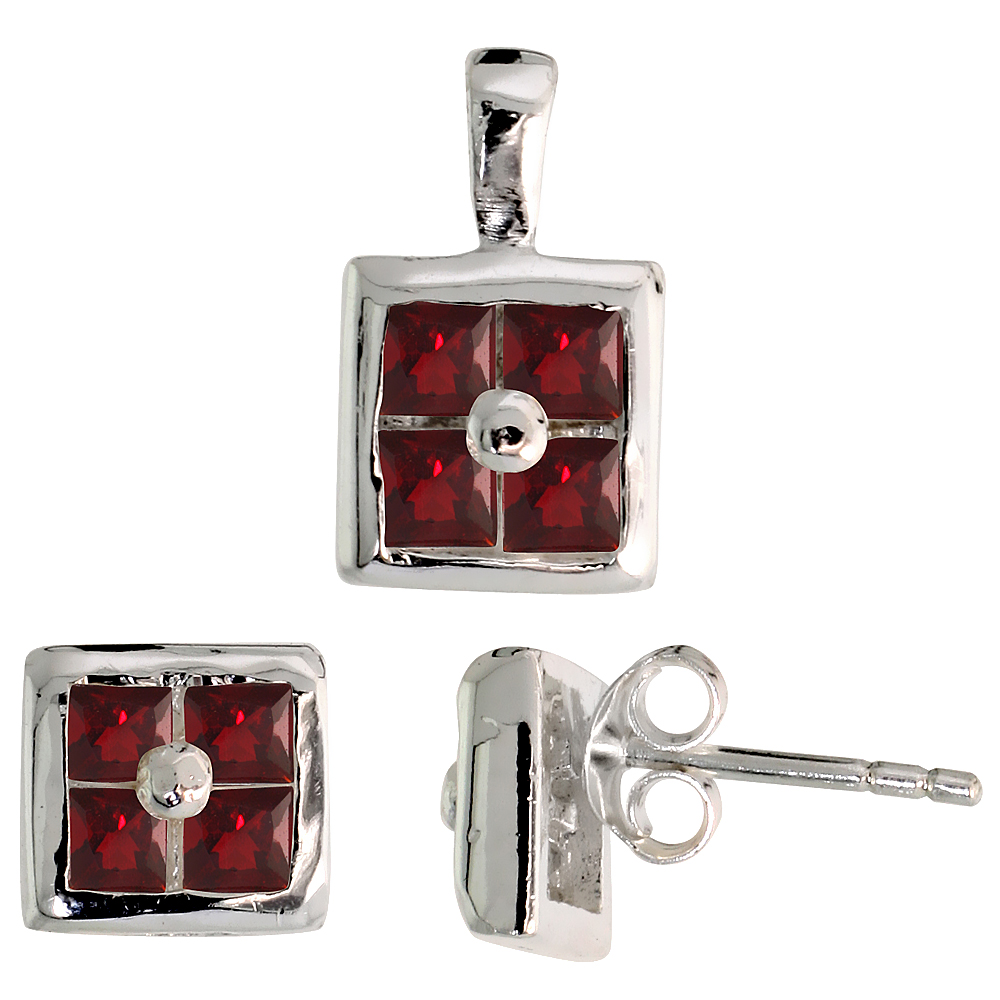 Sterling Silver Princess Cut Garnet Red CZ Square Stud Earrings and Pendant set for women Invisible set for women
