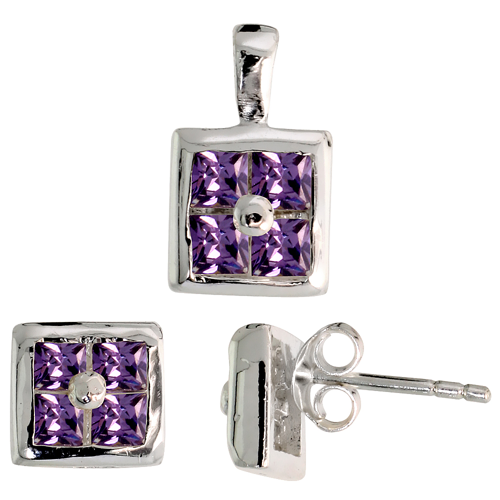 Sterling Silver Princess Cut Amethyst Purple CZ Square Stud Earrings and Pendant Set Invisible Set