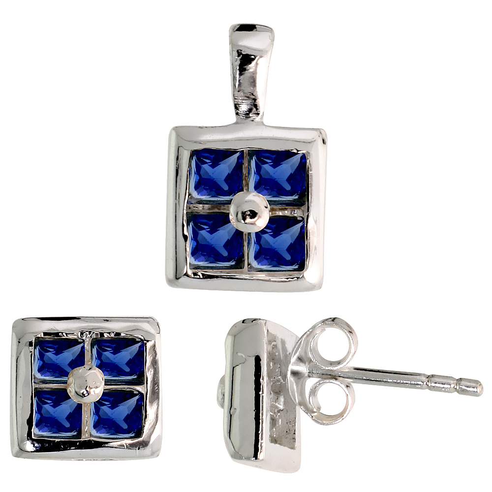 Sterling Silver Princess Cut Blue Sapphire CZ Square Stud Earrings and Pendant Set Invisible Set