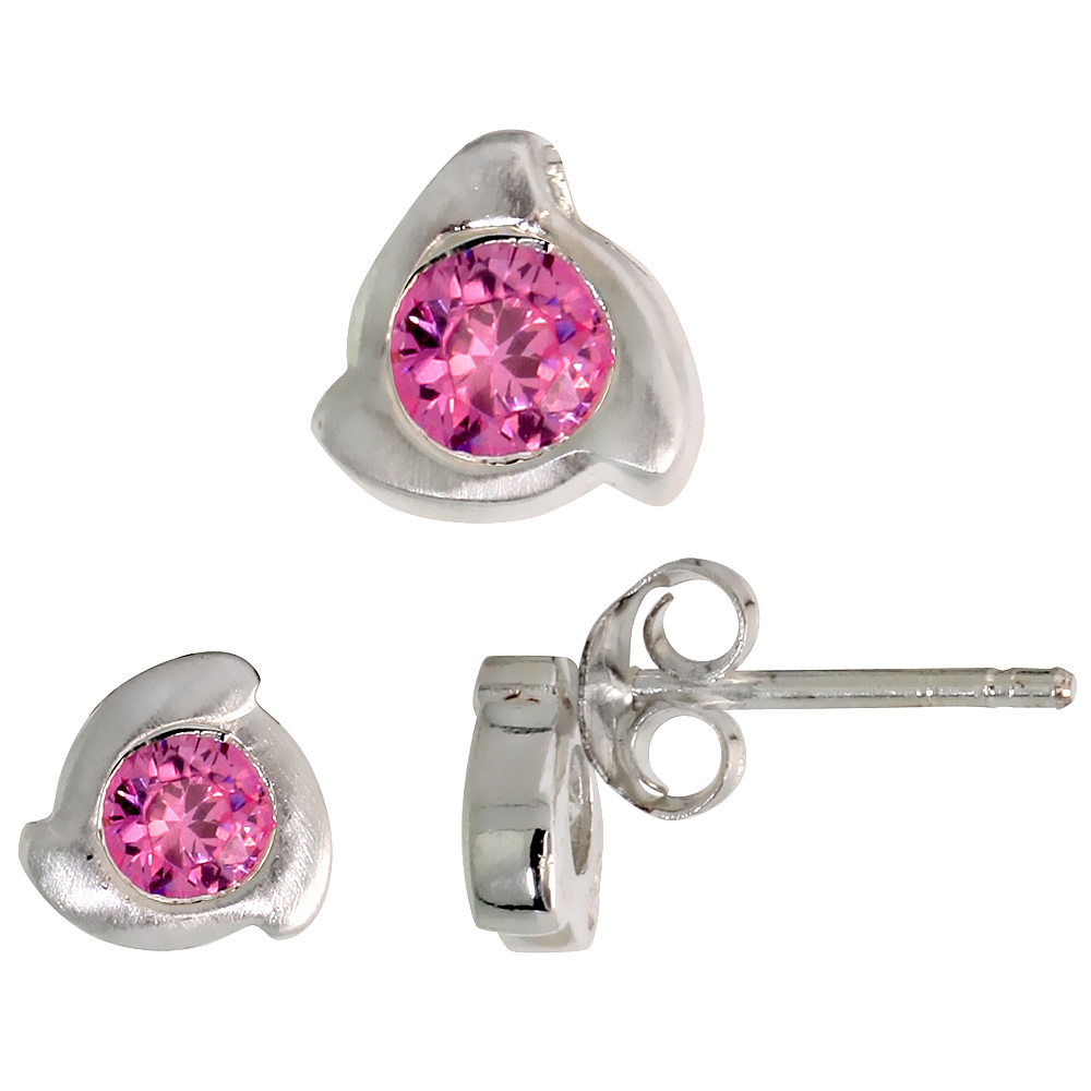 Sterling Silver Brilliant Cut Pink CZ Spinning Trefoil Stud Earrings &amp; Pendant set for women Brushed finish