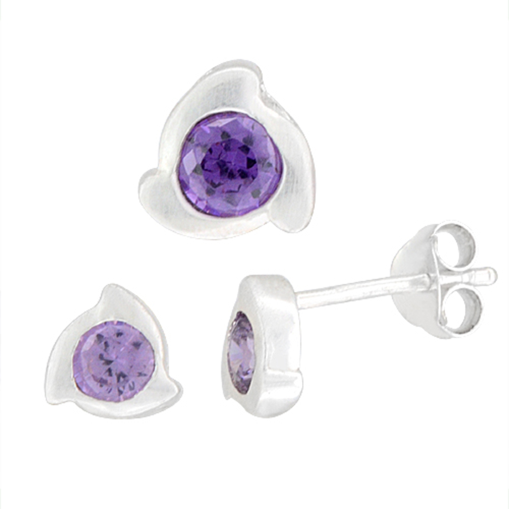Sterling Silver Brilliant Cut Amethyst Purple CZ Spinning Trefoil Stud Earrings & Pendant Set Brushed finish