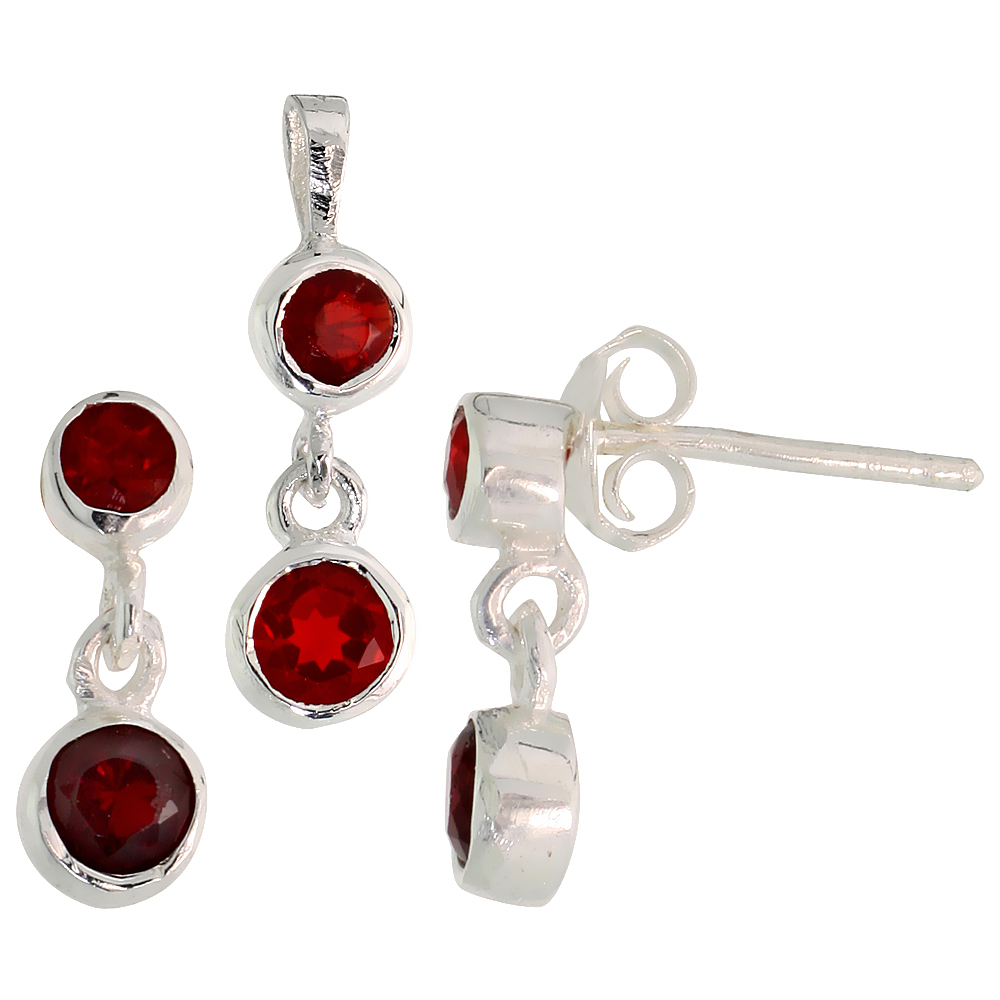 Sterling Silver Brilliant Cut Garnet Red CZ 2-Tier Dangle Post Earrings and Pendant set for women