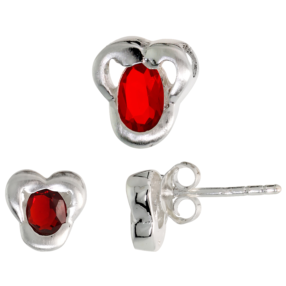 Sterling Silver Oval Cut Ruby Red CZ Trefoil Stud Earrings & Pendant set for women Brushed finish