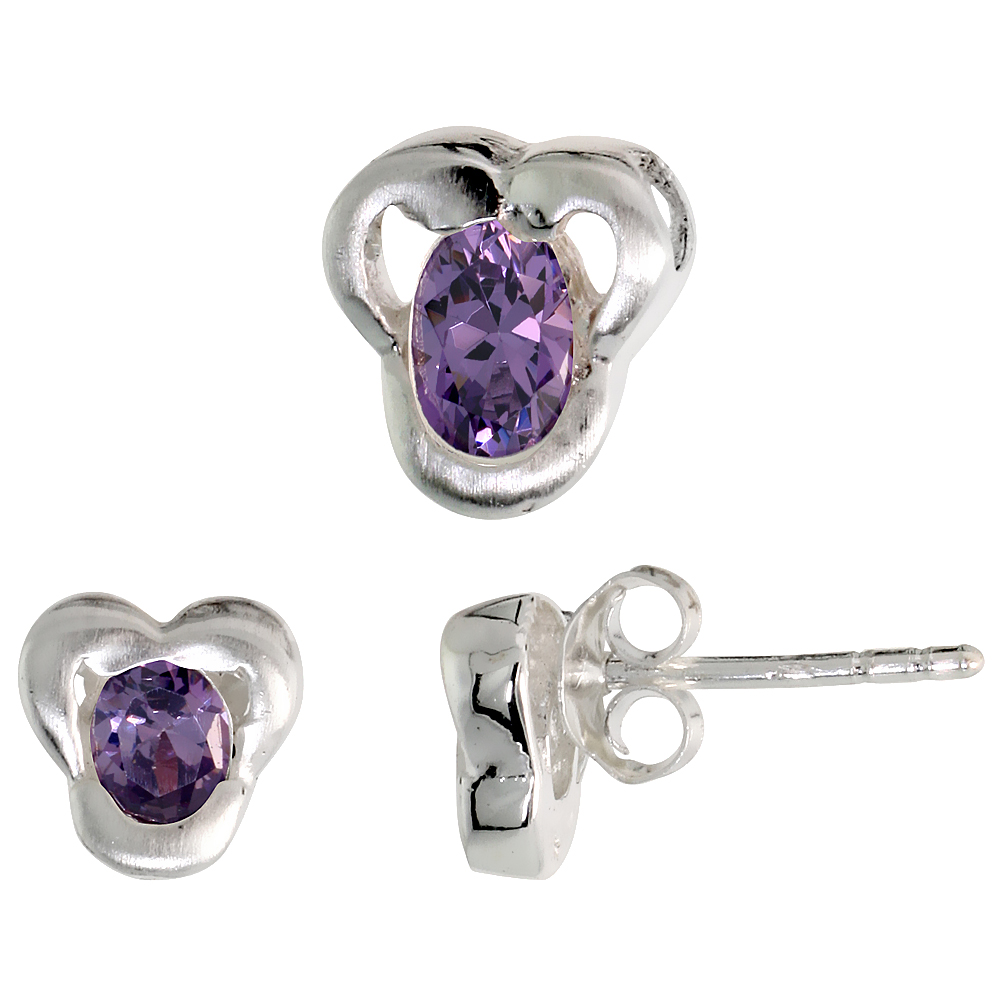 Sterling Silver Oval Cut Amethyst Purple CZ Trefoil Stud Earrings & Pendant set for women Brushed finish