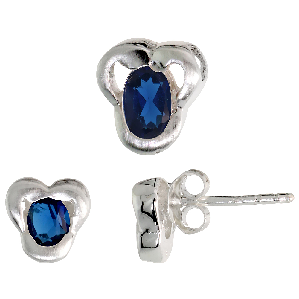 Sterling Silver Oval Cut Blue Sapphire CZ Trefoil Stud Earrings & Pendant set for women Brushed finish