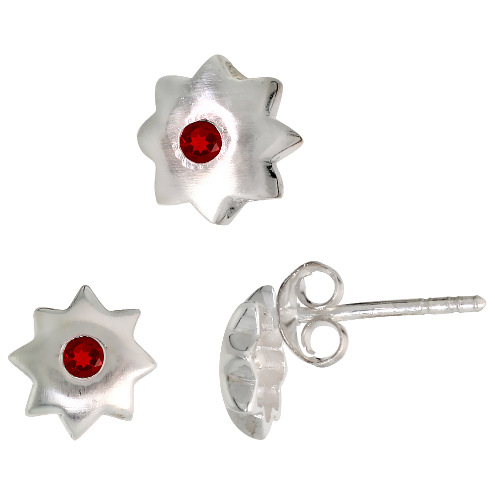 Sterling Silver Brilliant Cut Ruby Red CZ 8 Point Star Stud Earrings & Pendant Set Brushed finish