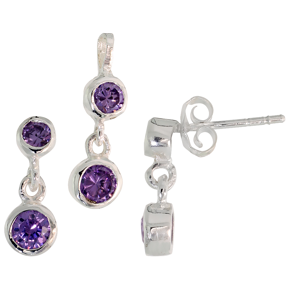 Sterling Silver Brilliant Cut Amethyst Purple CZ 2-Tier Dangle Post Earrings and Pendant set for women