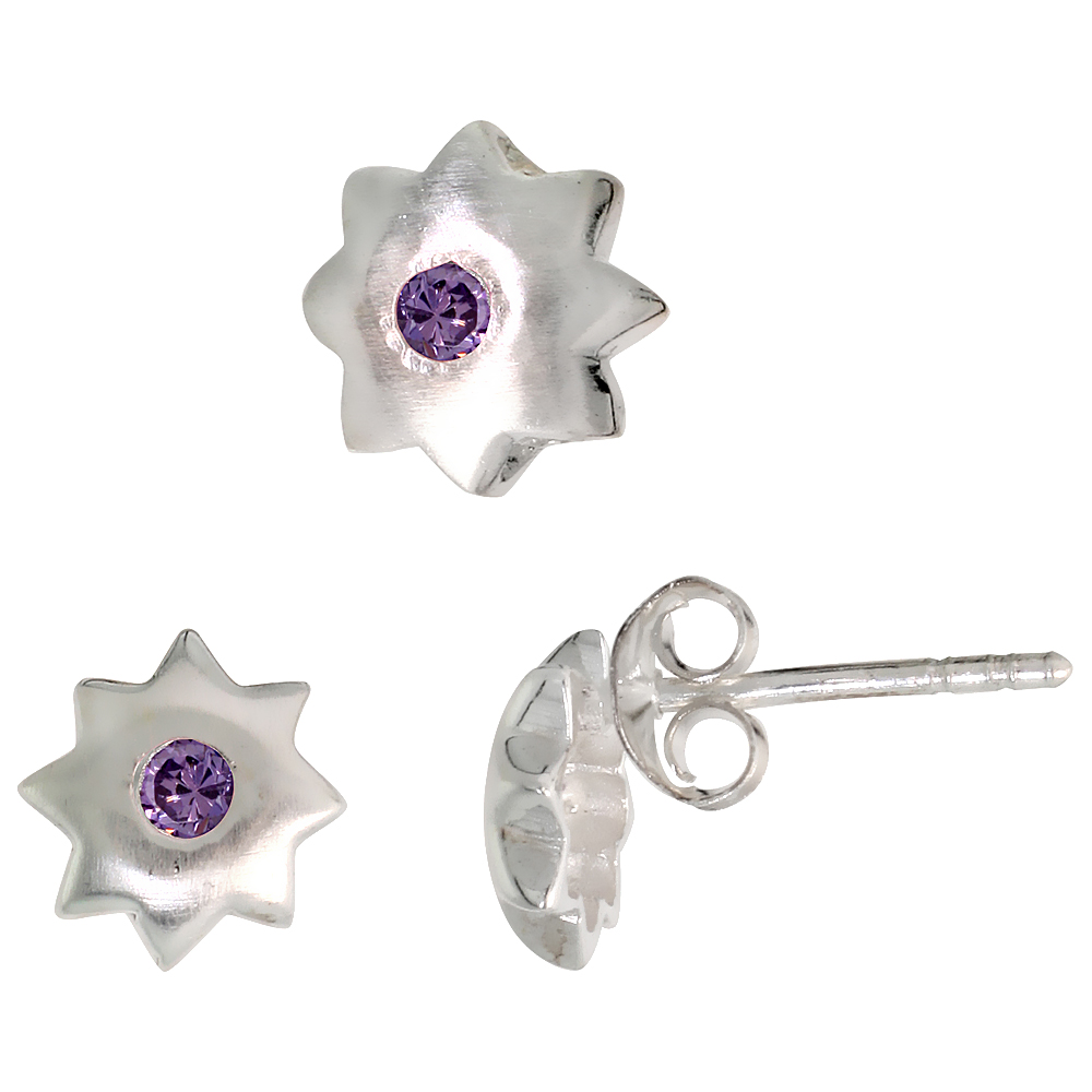 Sterling Silver Brilliant Cut Amethyst Purple CZ 8 Point Star Stud Earrings &amp; Pendant Set Brushed finish