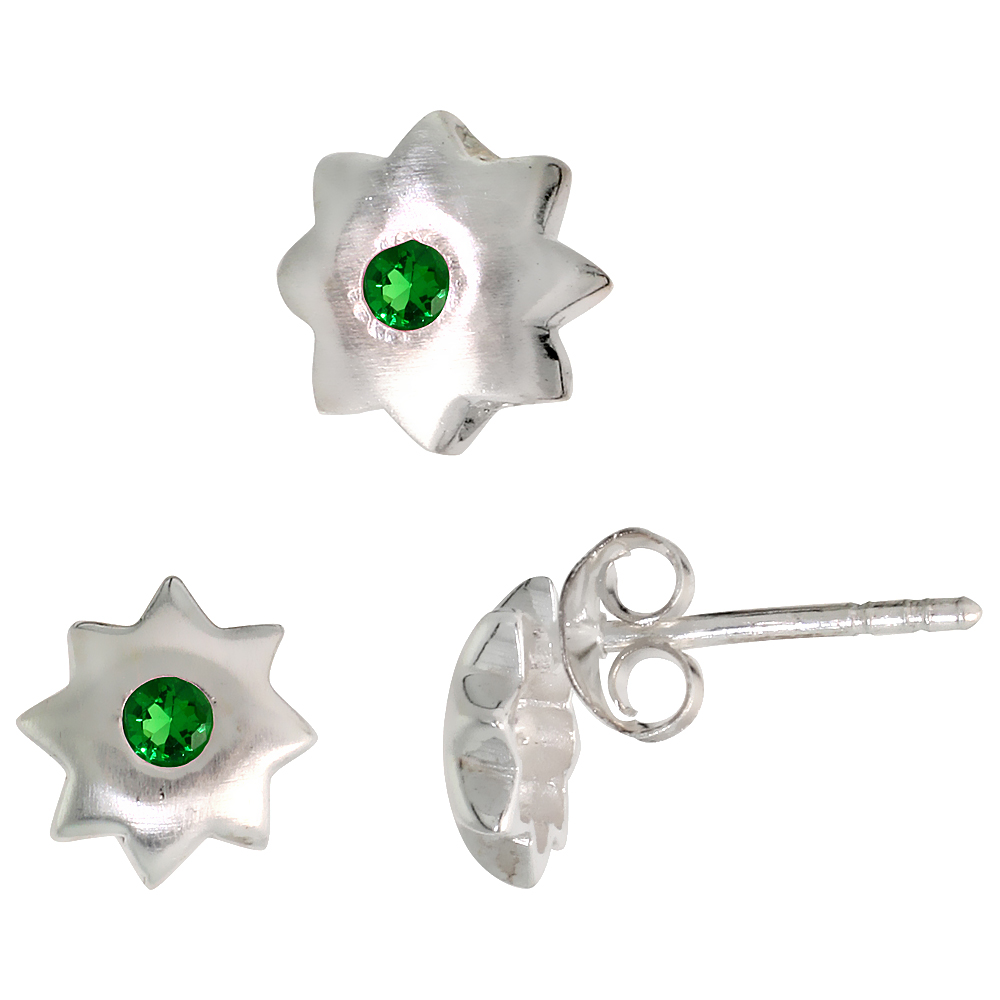 Sterling Silver Brilliant Cut Emerald Green CZ 8 Point Star Stud Earrings & Pendant Set Brushed finish