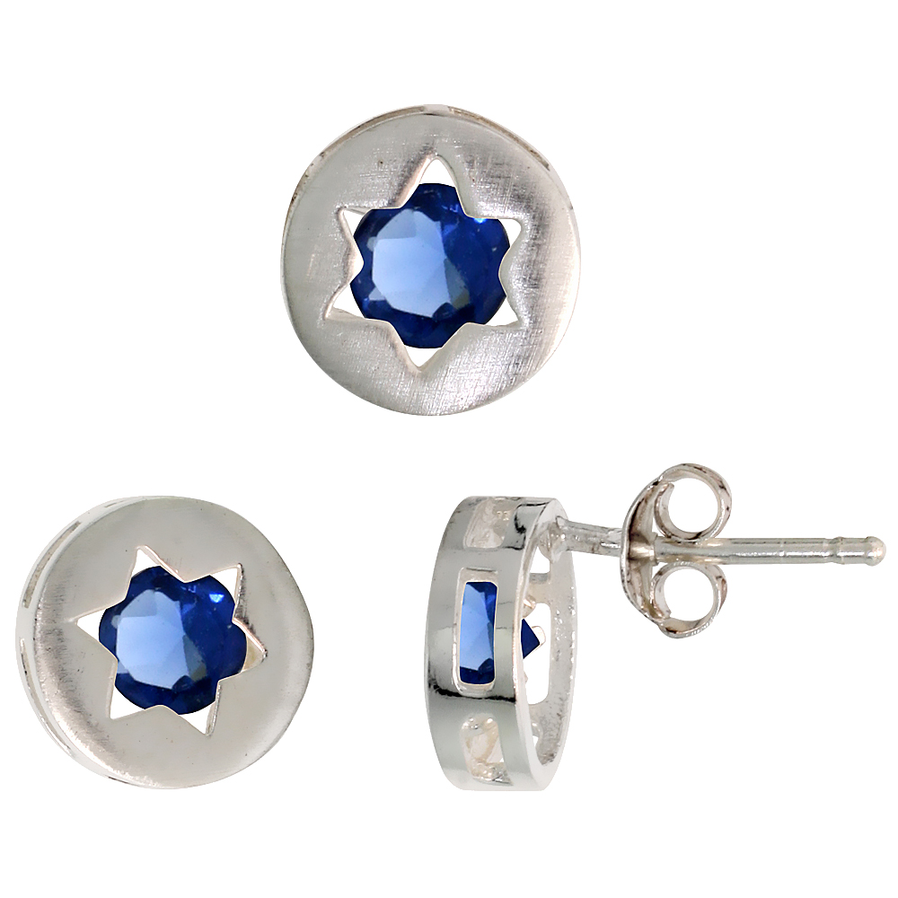 Sterling Silver Brilliant Cut Blue Sapphire CZ Jewish Star of David Stud Earrings &amp; Pendant Set